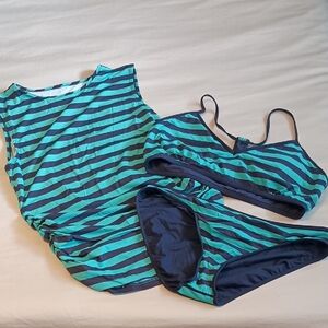Carve Designs Striped Blue Green Swimwear 3 PC Set Lrg/XL